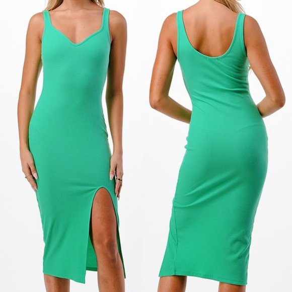 NEW Sweetheart V Neck Ribbed Knit Side Slit Bodycon Midi Tank Dress Bubble Mint - Picture 3 of 9